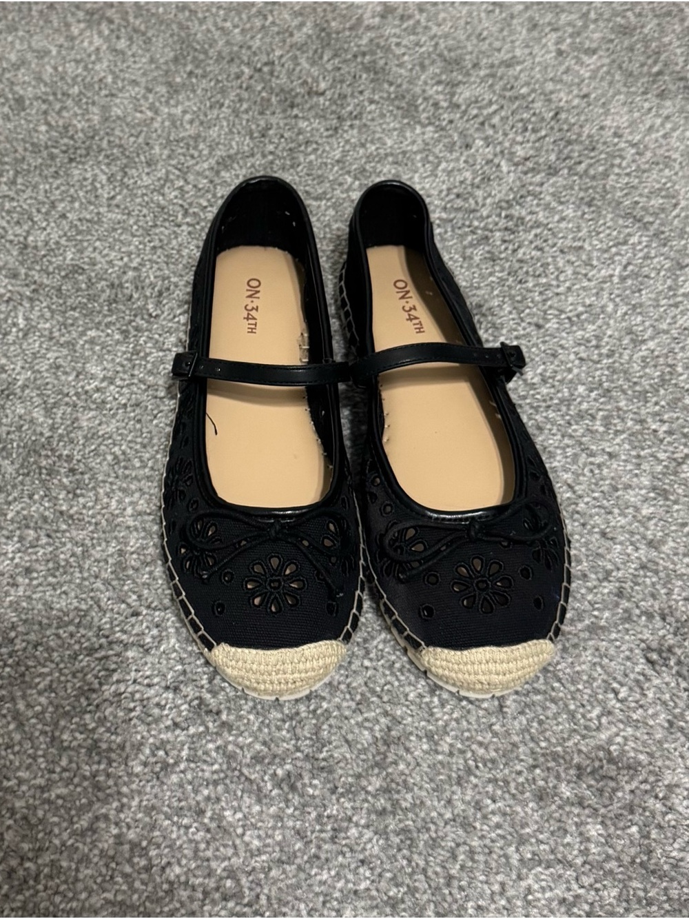 Black Mary Jane Espadrille Flats with Cutout Floral Detail